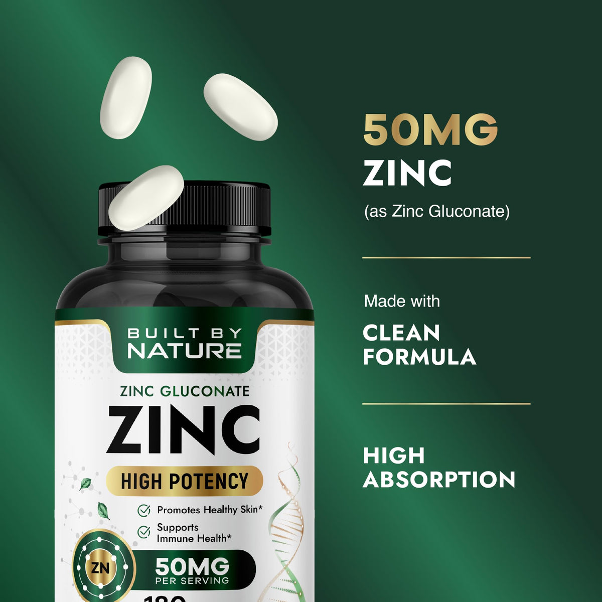 Vue rapprochée des comprimés de gluconate de zinc Built by Nature