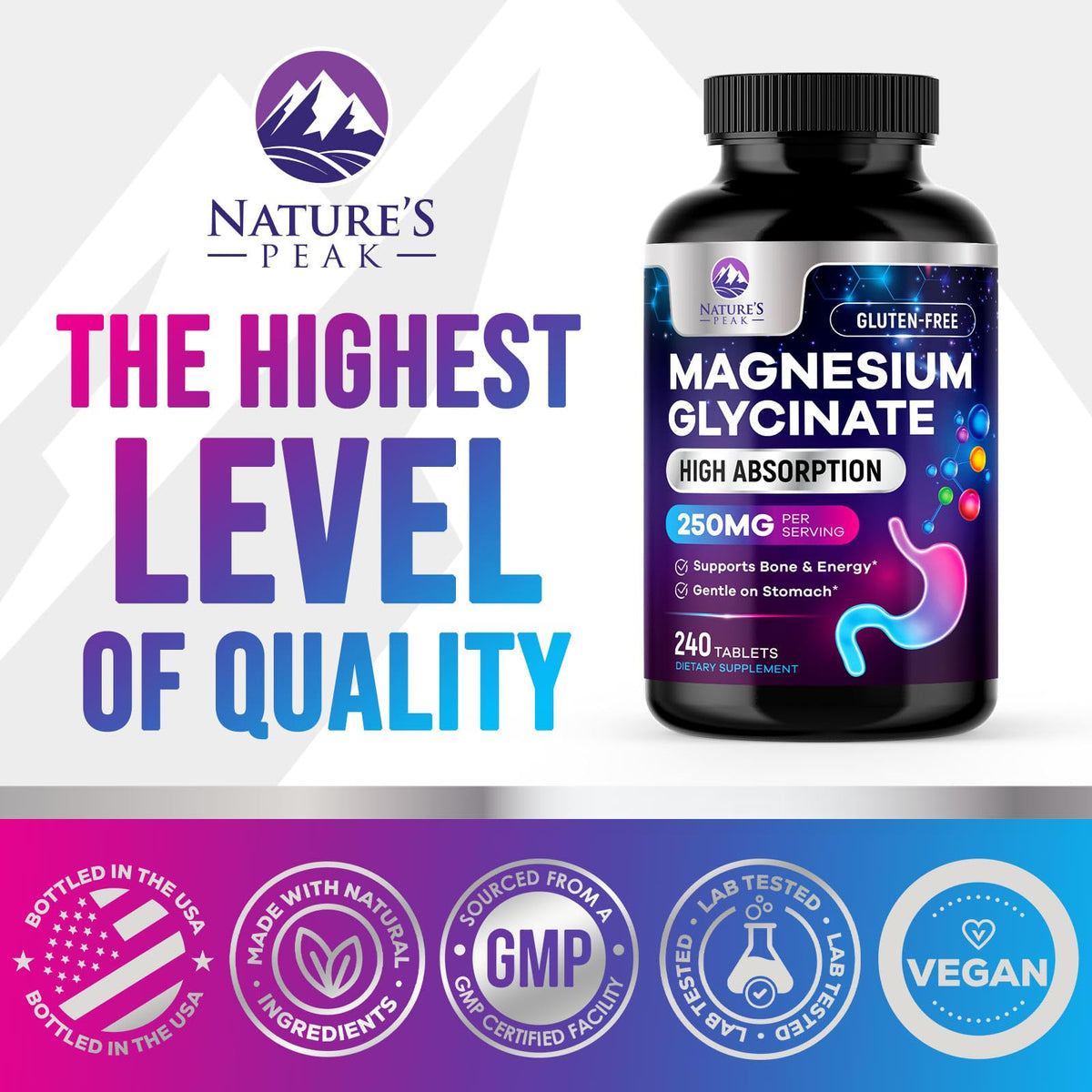 Vue rapprochée des comprimés de magnésium glycinate Nature's Peak
