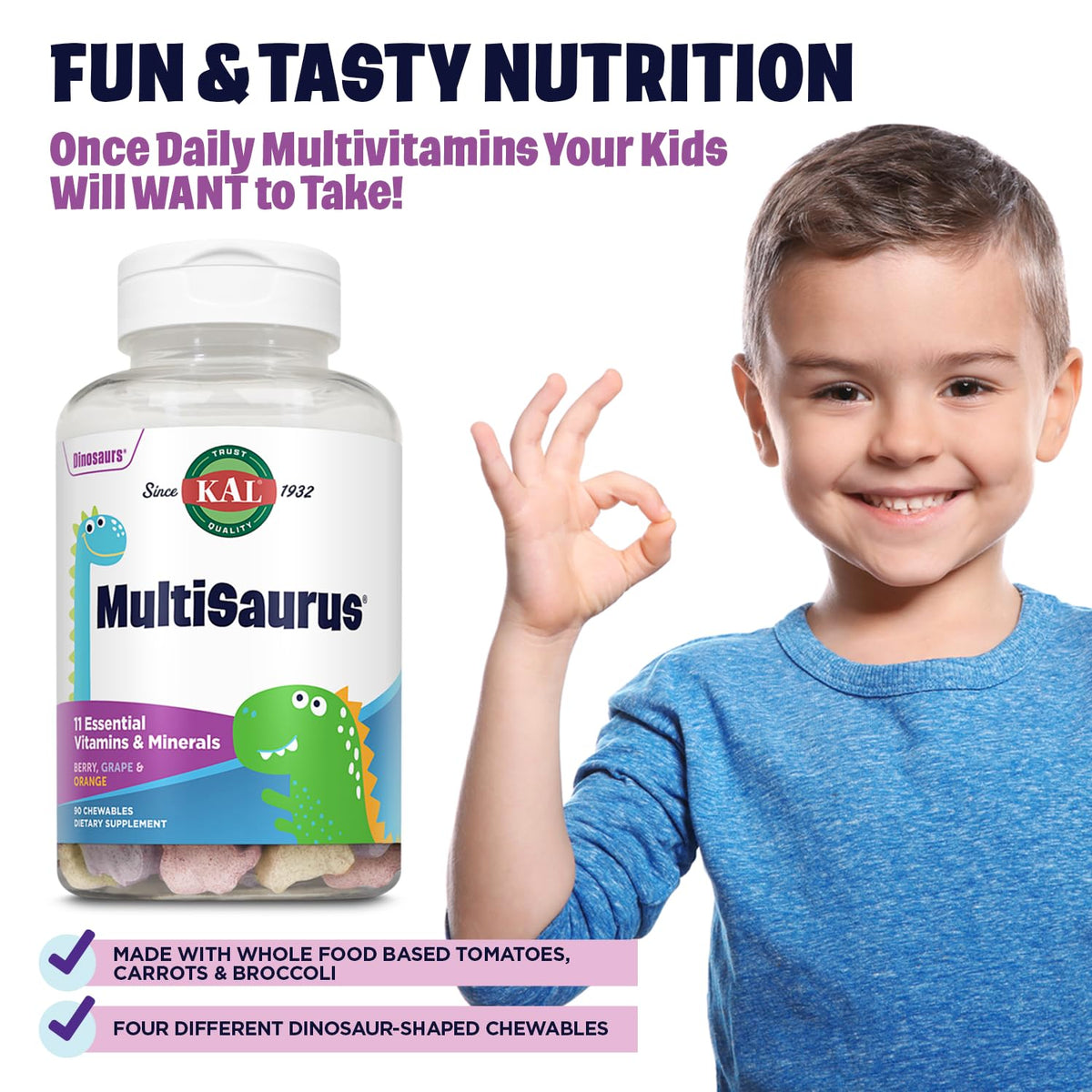 Vue rapprochée des comprimés KAL MultiSaurus avec saveurs naturelles