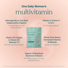 Vue rapprochée des comprimés True Grace Multivitamines Femme