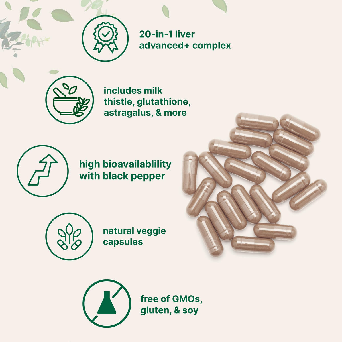 Vue rapprochée des gélules de Liver Advanced+