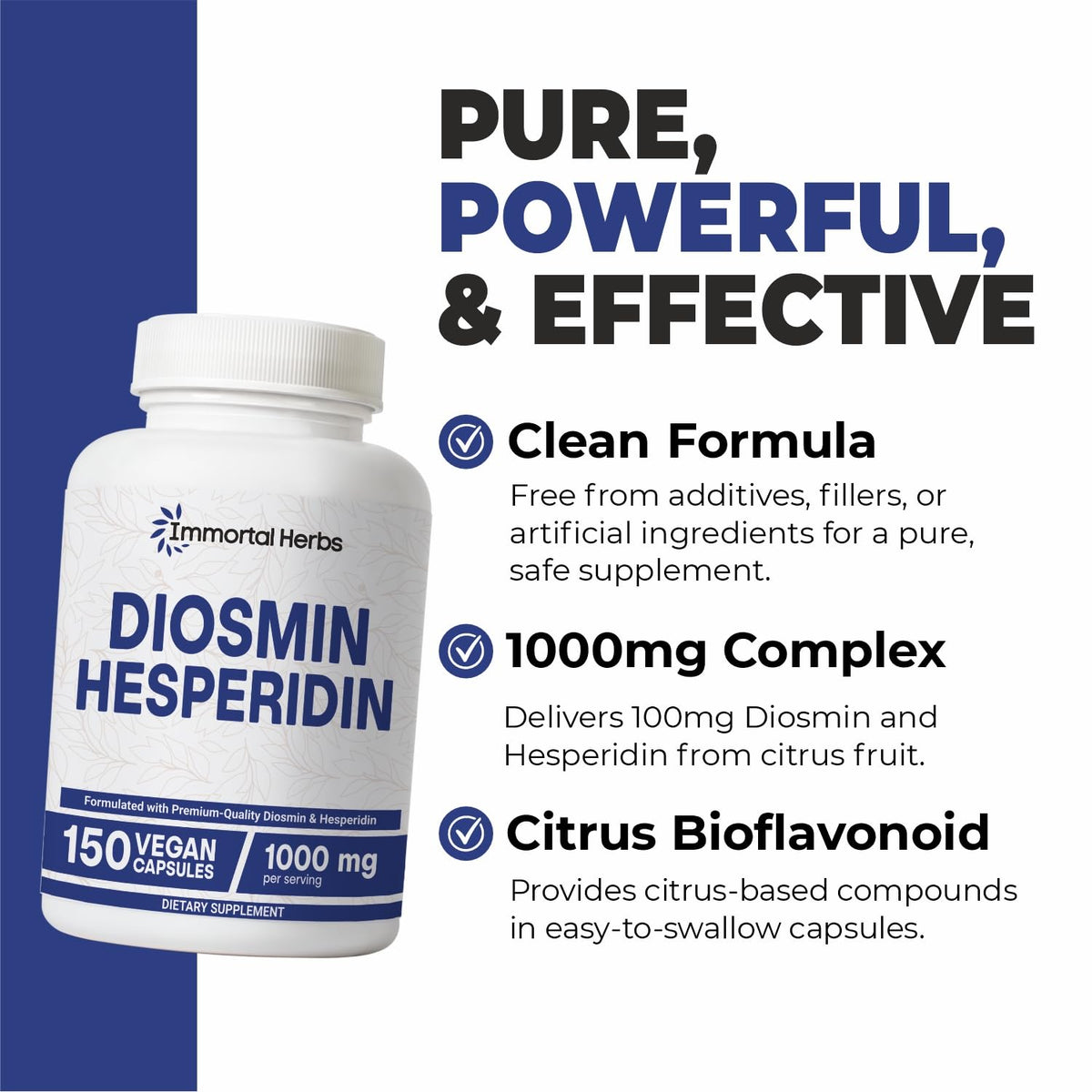 Vue rapprochée des gélules Diosmin Hesperidin 1000mg Immortal Herbs