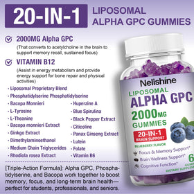 Vue rapprochée des gommes Alpha GPC de Nelishine avec extrait de ginkgo