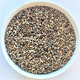 Vue rapprochée des graines de chardon-Marie entières dans leur sachet