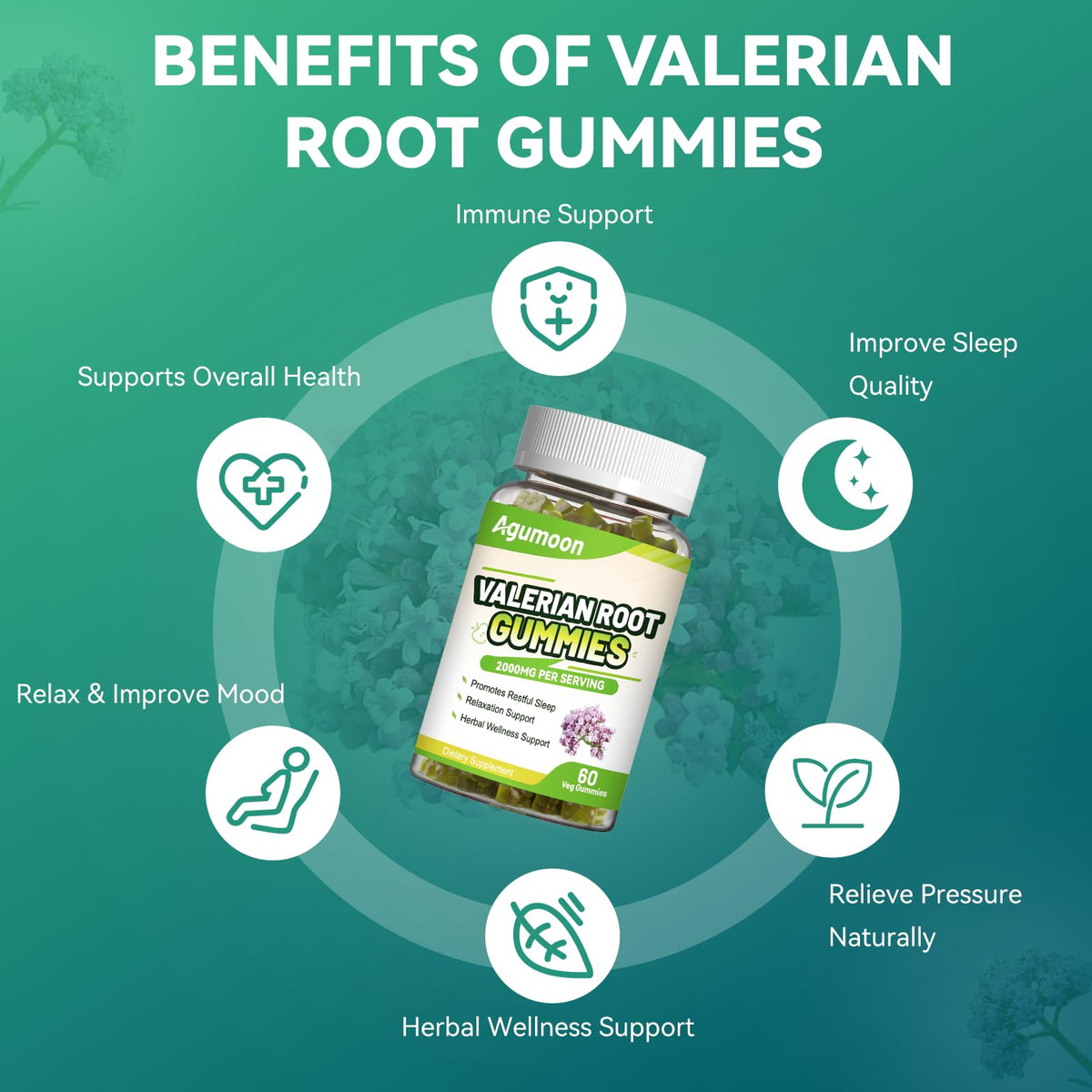Vue rapprochée des gummies de racine de valériane Agumoon