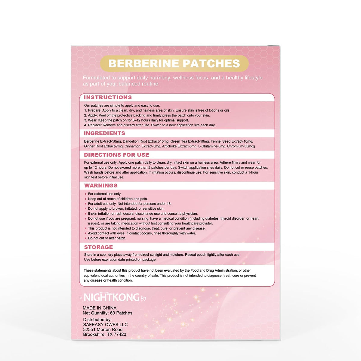 Vue rapprochée des patches de berbérine NightKong