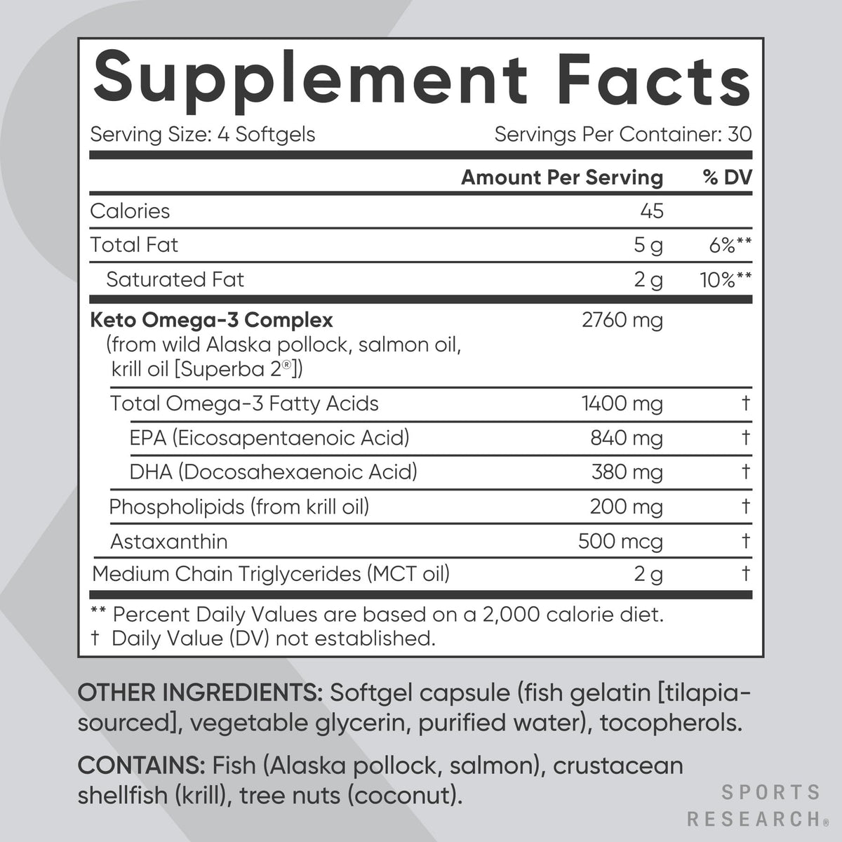 Vue supérieure de la bouteille d'huile de poisson Omega-3 Sports Research