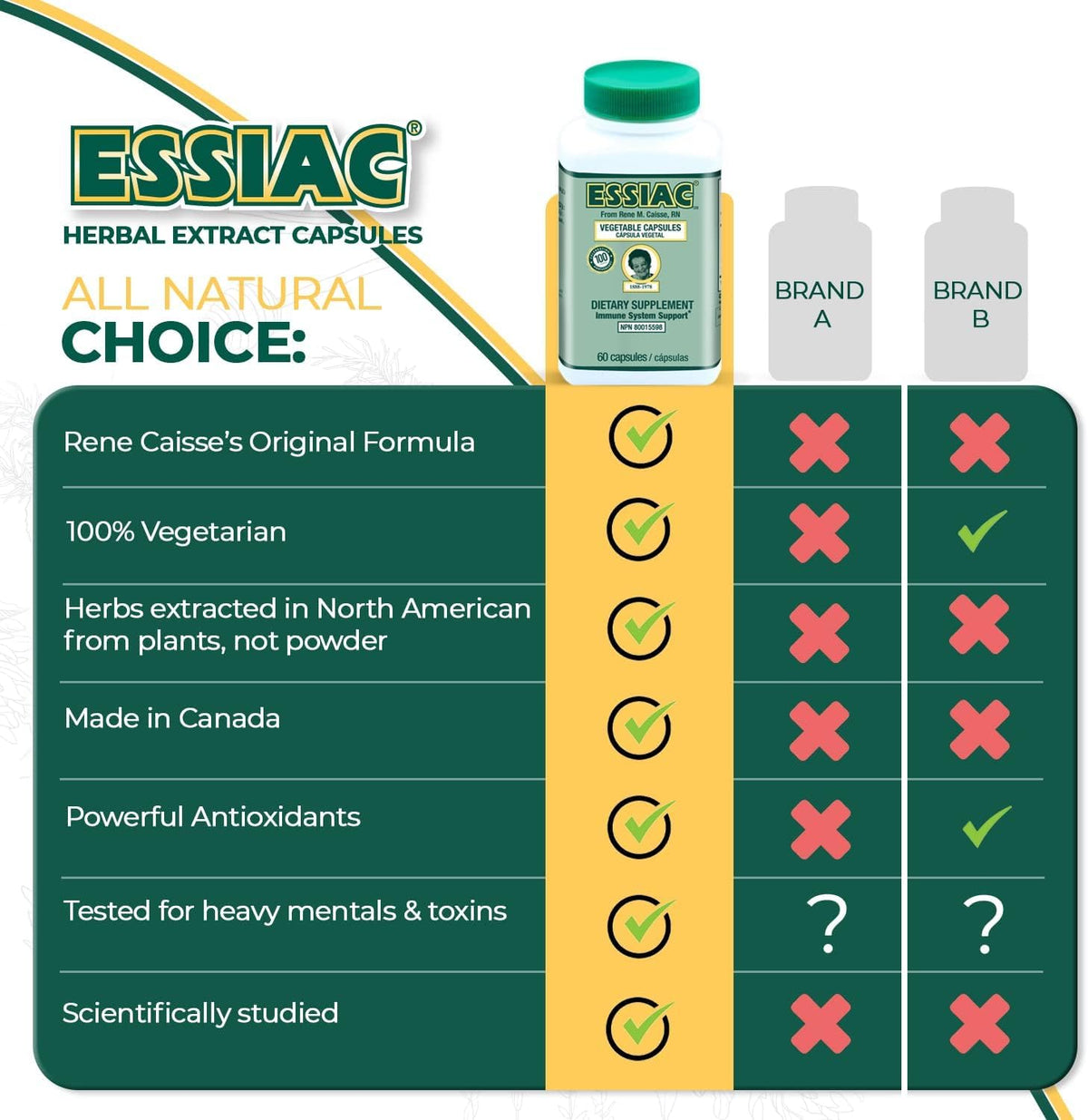 Vue supérieure des capsules Essiac dans leur flacon