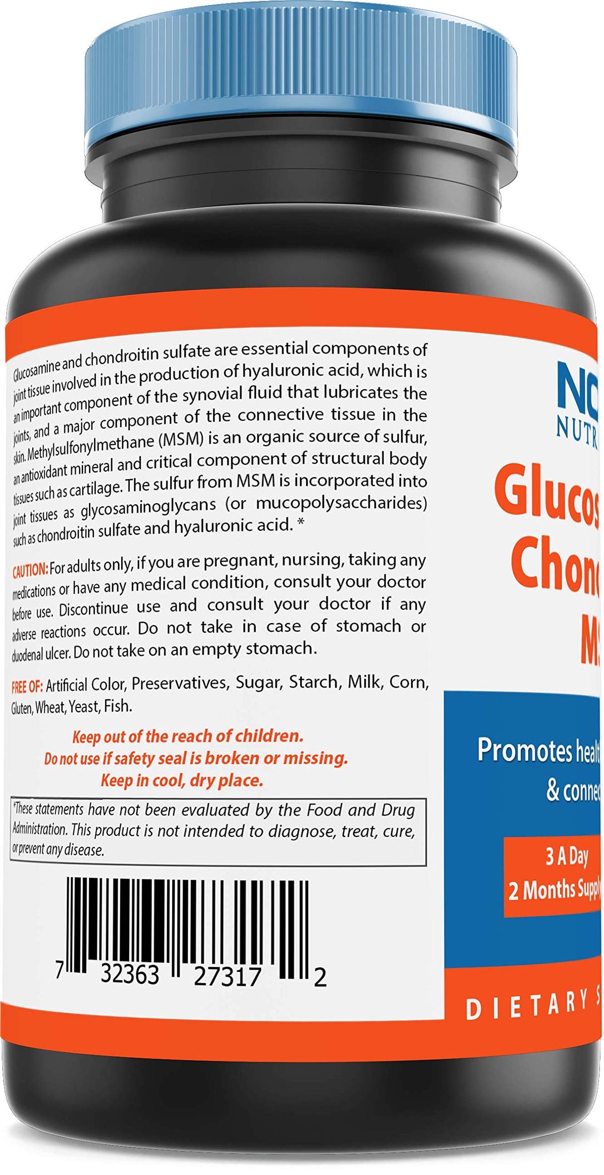 Vue supérieure des capsules Glucosamine Chondroïtine MSM Nova Nutritions