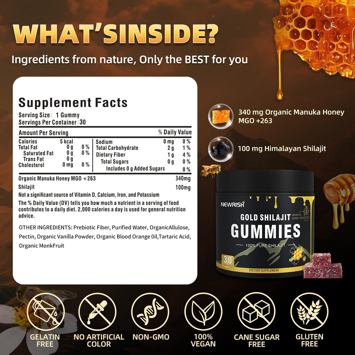Vue supérieure des gélules de Shilajit Newrish dans leur emballage