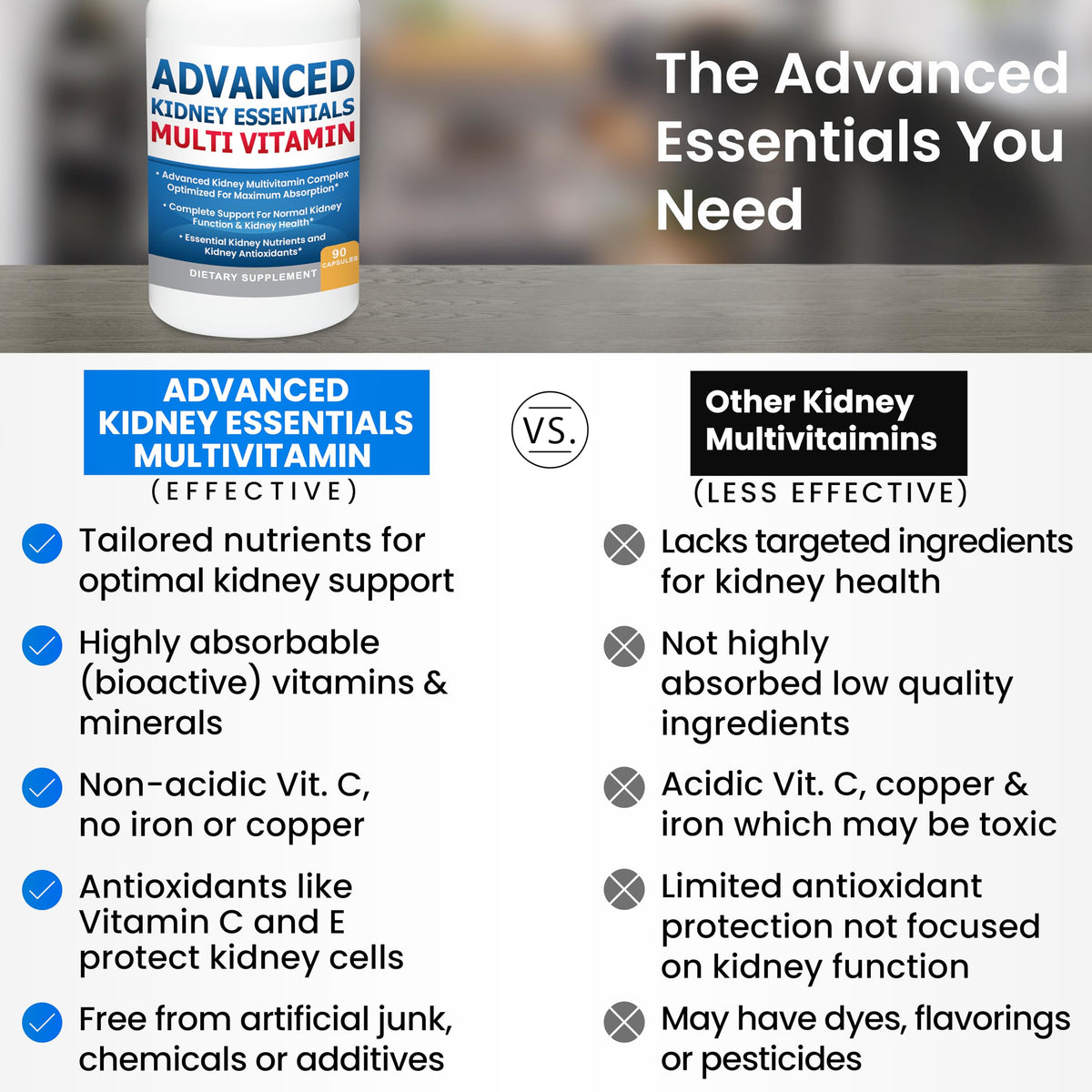 Vue sur les capsules de Kidney Restore Advanced Kidney Essentials sur un fond blanc