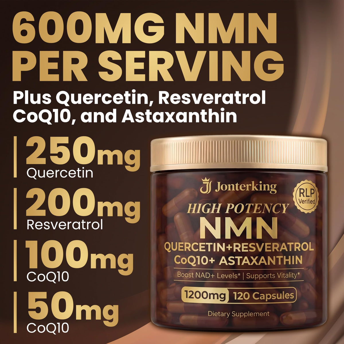 Vues de la bouteille de JonterKing NMN 1200mg avec étiquette visible