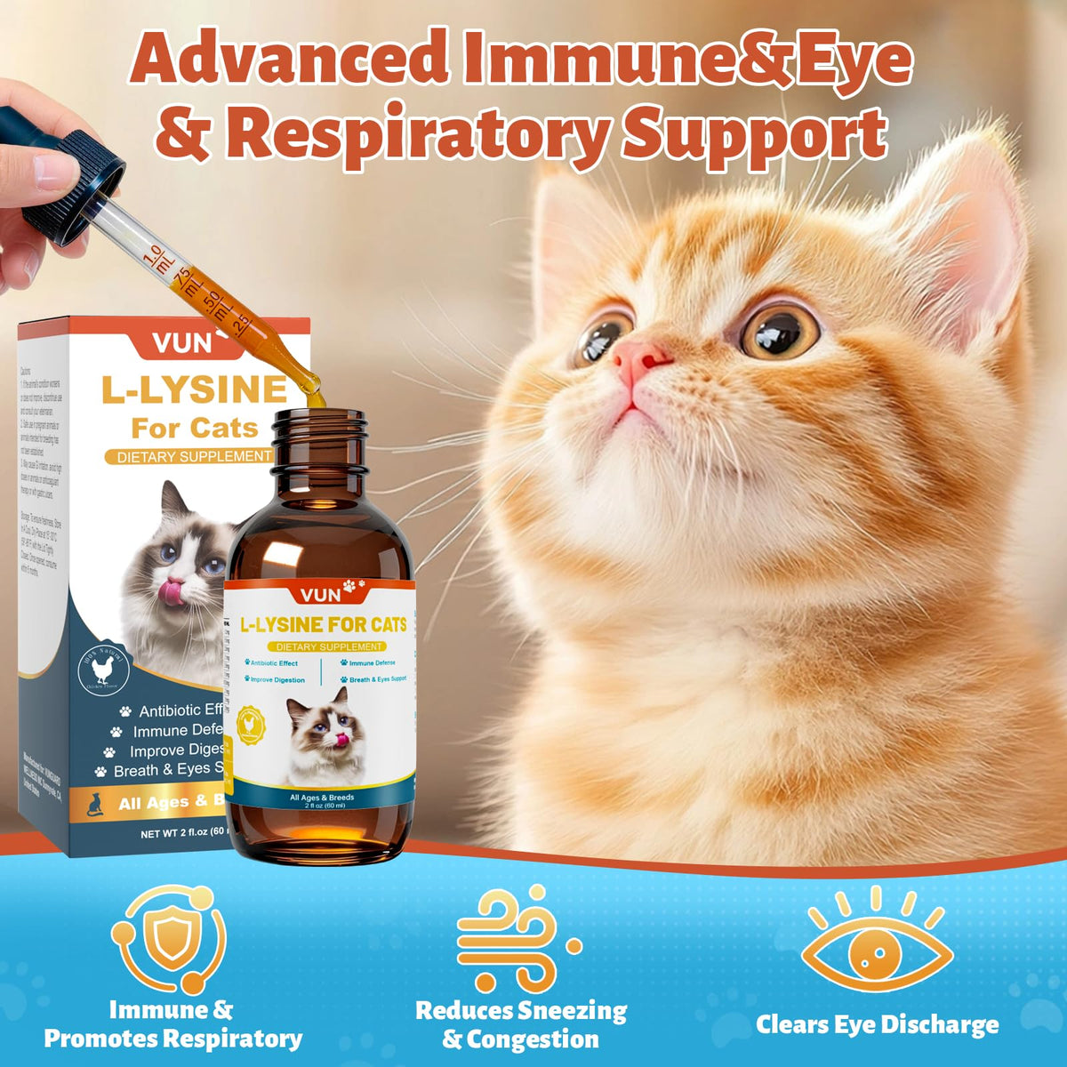 VUN L-Lysine Liquide pour Chats 150g, étiquette et ingrédients