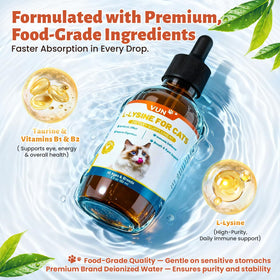 VUN L-Lysine Liquide pour Chats 150g, goutte à goutte dans un bol