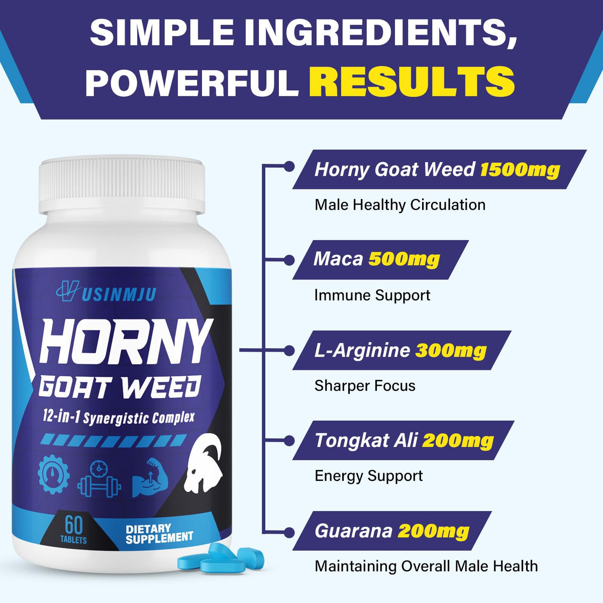 Vusinmju Horny Goat Weed 12 en 1 60 comprimés avec ingrédients