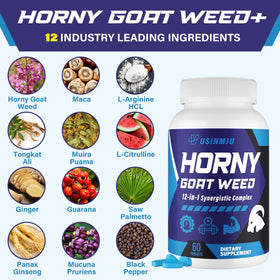 Vusinmju Horny Goat Weed 12 en 1 comprimés sur une table
