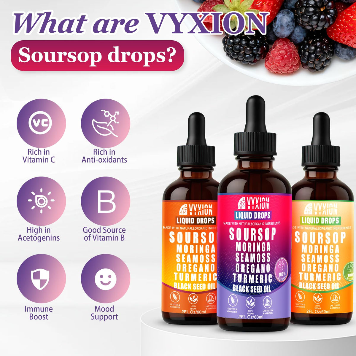 Vyxion Soursop Bitters 10 en 1 étiquette avec ingrédients