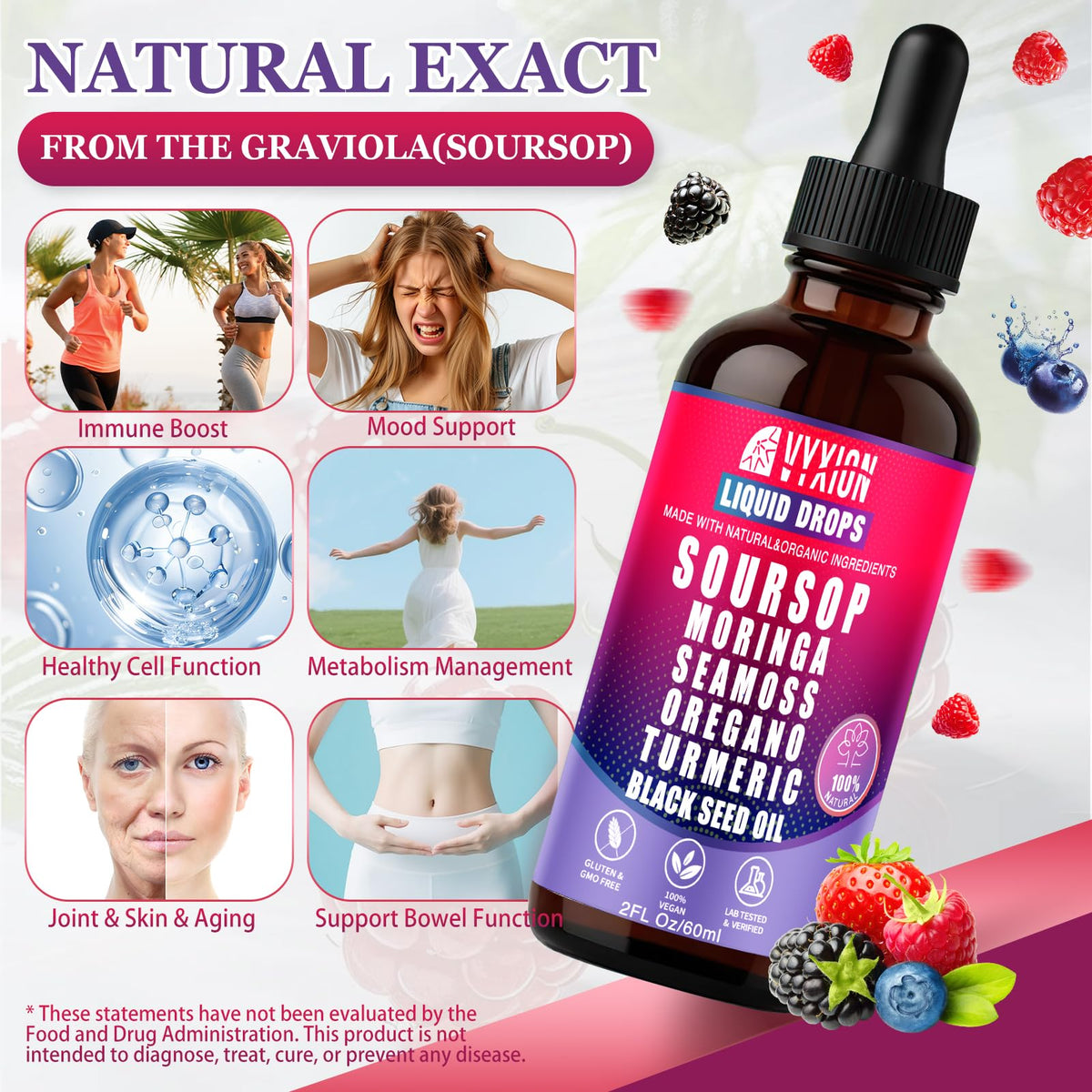 Vyxion Soursop Bitters 10 en 1 flacon ouvert avec gouttes
