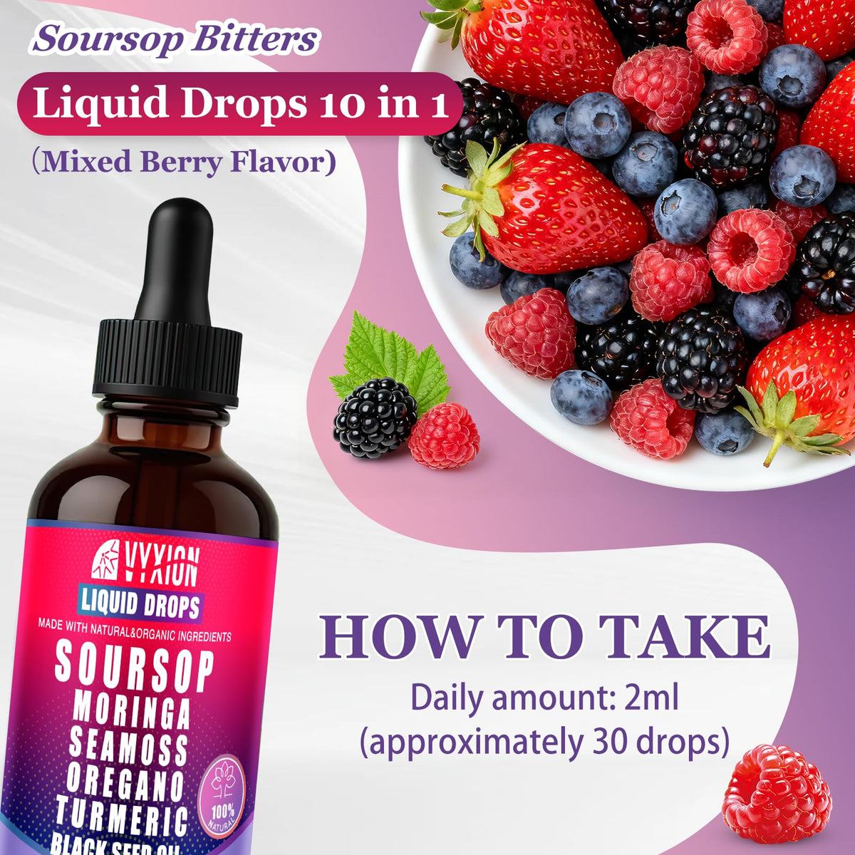 Vyxion Soursop Bitters 10 en 1 gouttes liquides sur fond blanc