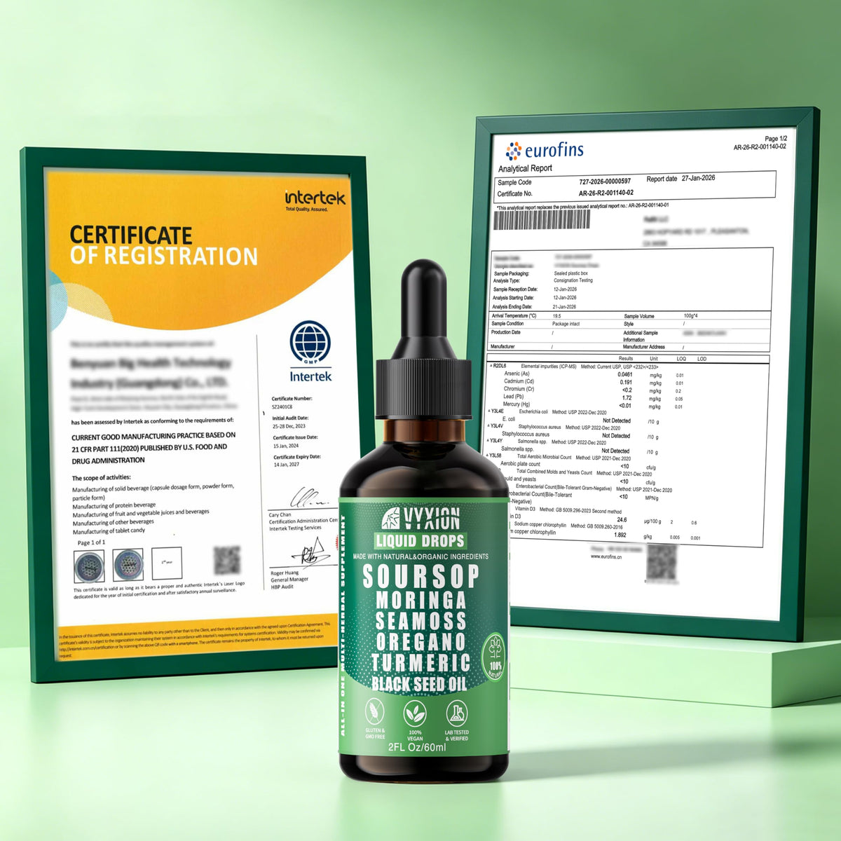 Vyxion Soursop Bitters Liquide 10 en 1 avec un fond naturel