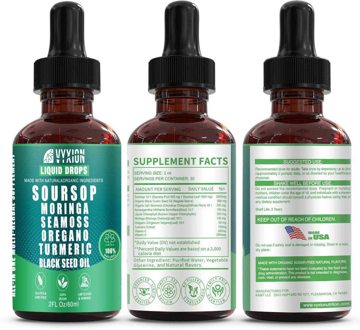 Vyxion Soursop Bitters Liquide 10 en 1 étiquette avec ingrédients