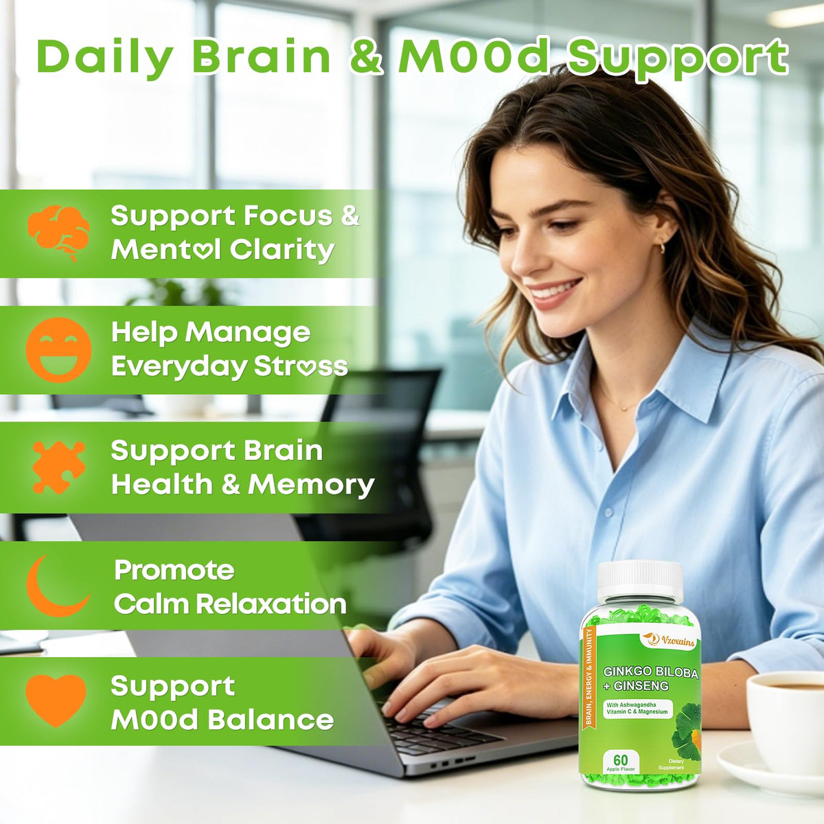 VZOXAINS Gummies Ginkgo Biloba 240mg côté avec étiquette nutritionnelle