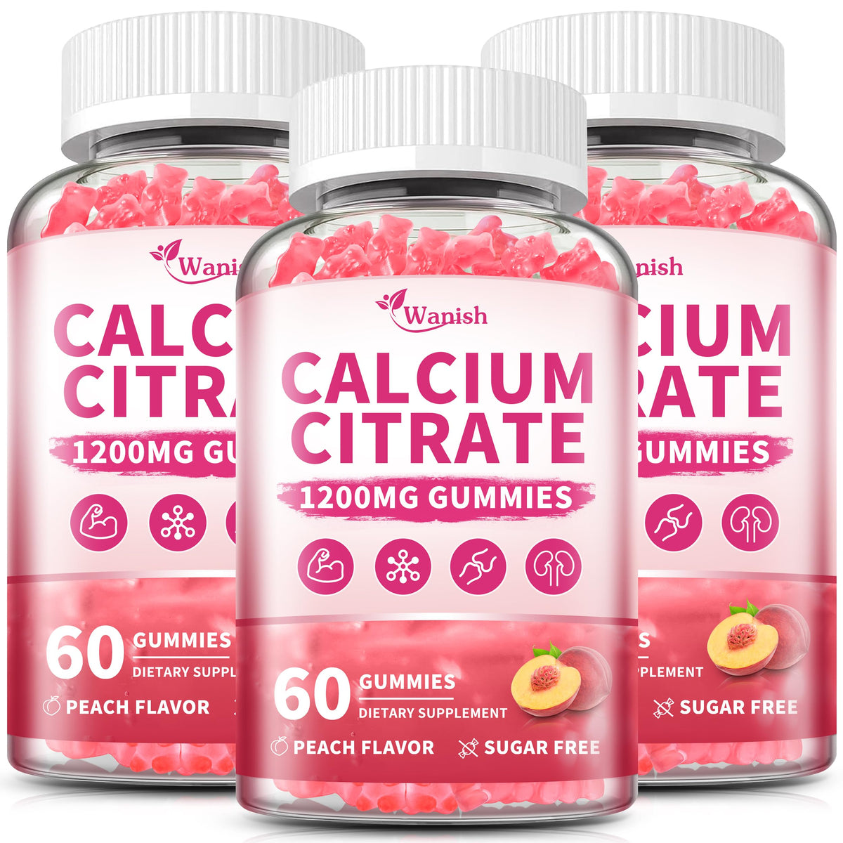 Wanish Gummies Calcium Citrate 1200 mg paquet avant avec saveur pêche