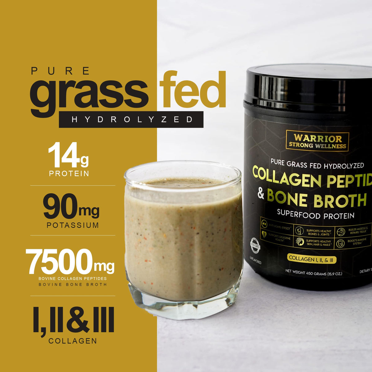 Warrior Strong Wellness Poudre de Bouillon d'Os Collagène 567g avec cuillère