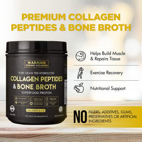 Warrior Strong Wellness Poudre de Bouillon d'Os Collagène 567g avec une cuillère en bois