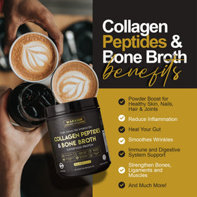 Warrior Strong Wellness Poudre de Bouillon d'Os Collagène 567g en mélange dans une tasse de café