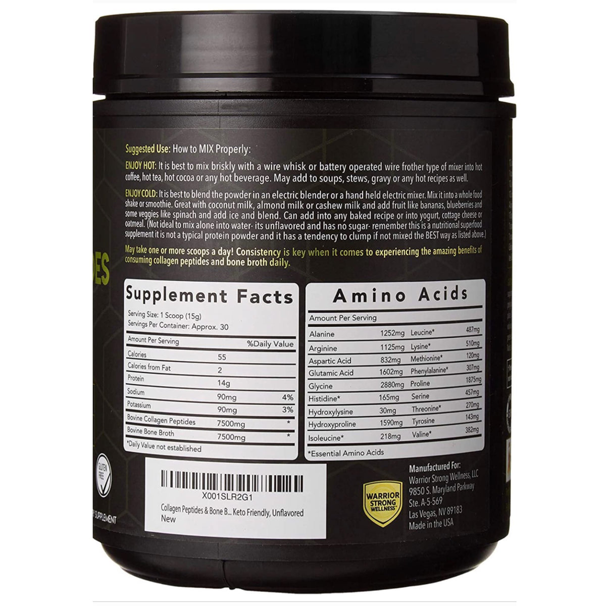 Warrior Strong Wellness Poudre de Bouillon d'Os Collagène 567g vue arrière