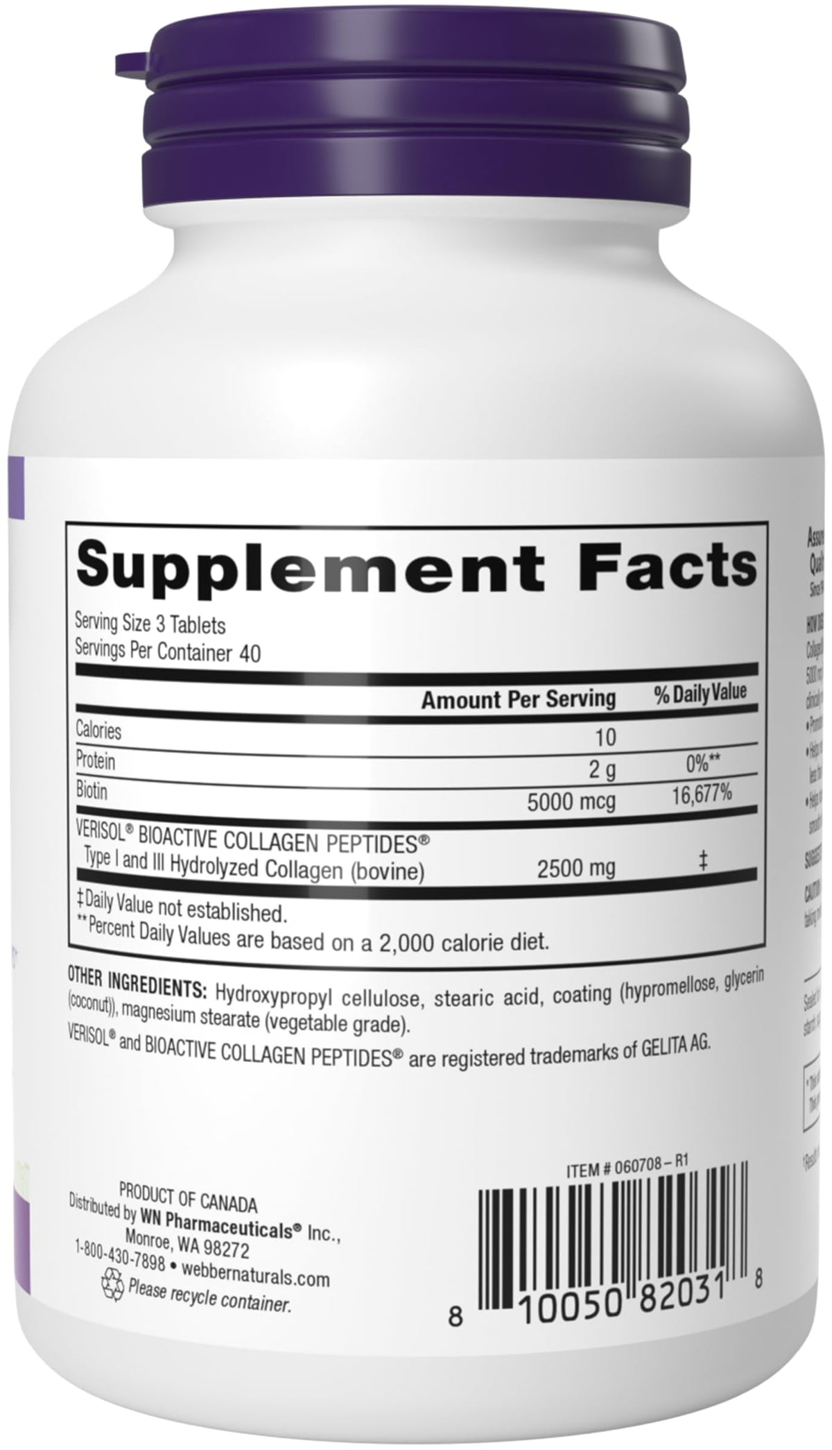 Webber Naturals Collagène Hydrolysé 120 Tablettes avec ingrédients