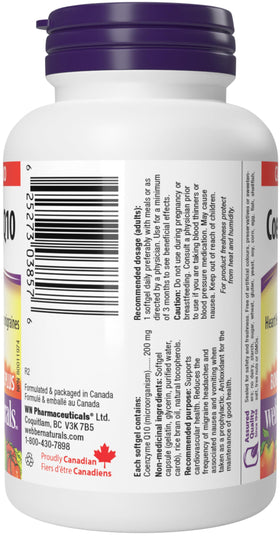 Webber Naturals CoQ10 200mg gélules molles à côté d'un carnet de santé
