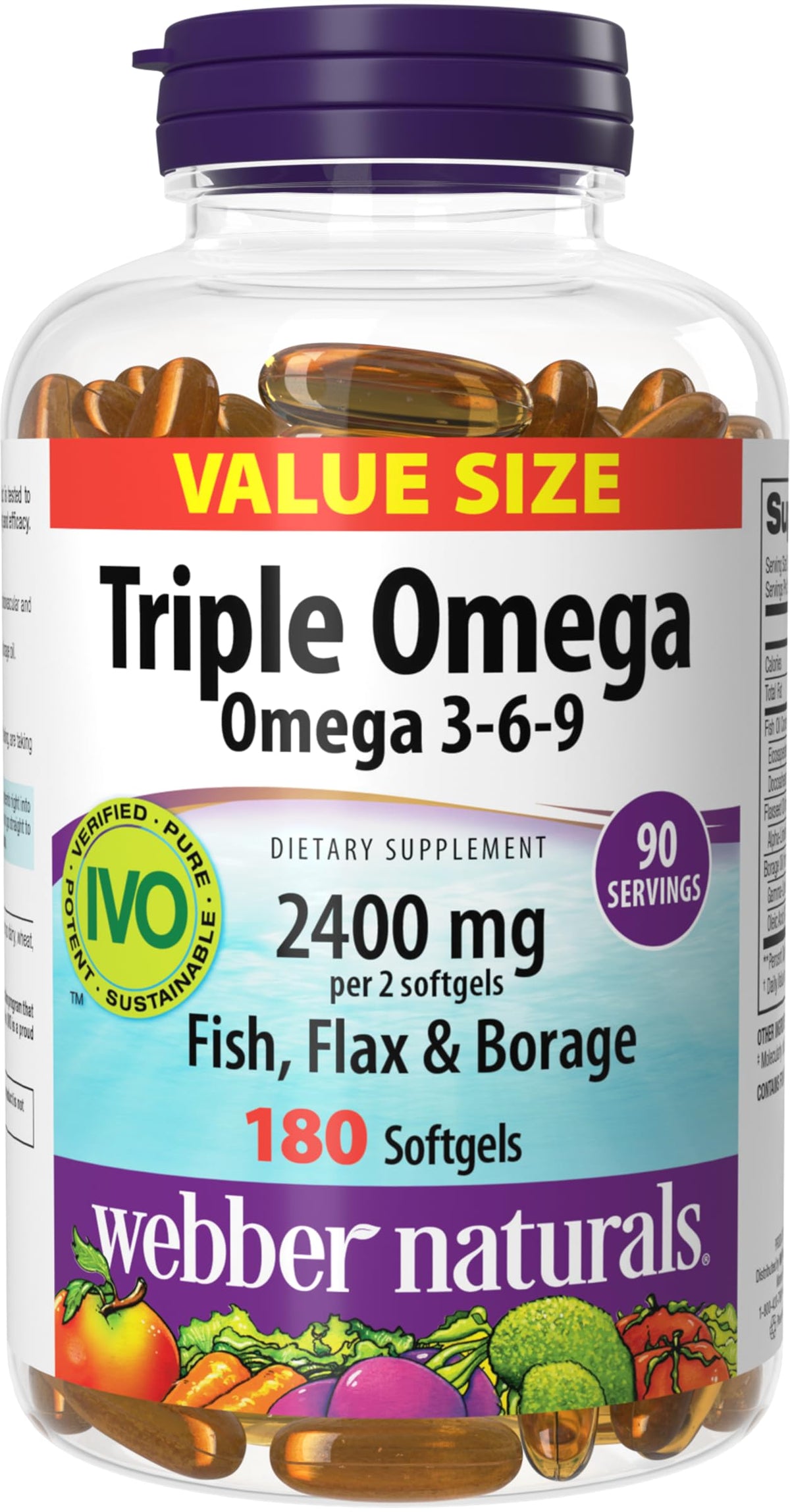 Webber Naturals Huile de Poisson Triple Omega 3 6 9 2400 mg 180 gélules vue de face
