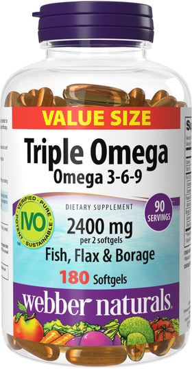 Webber Naturals Huile de Poisson Triple Omega 3 6 9 2400 mg 180 gélules vue de face