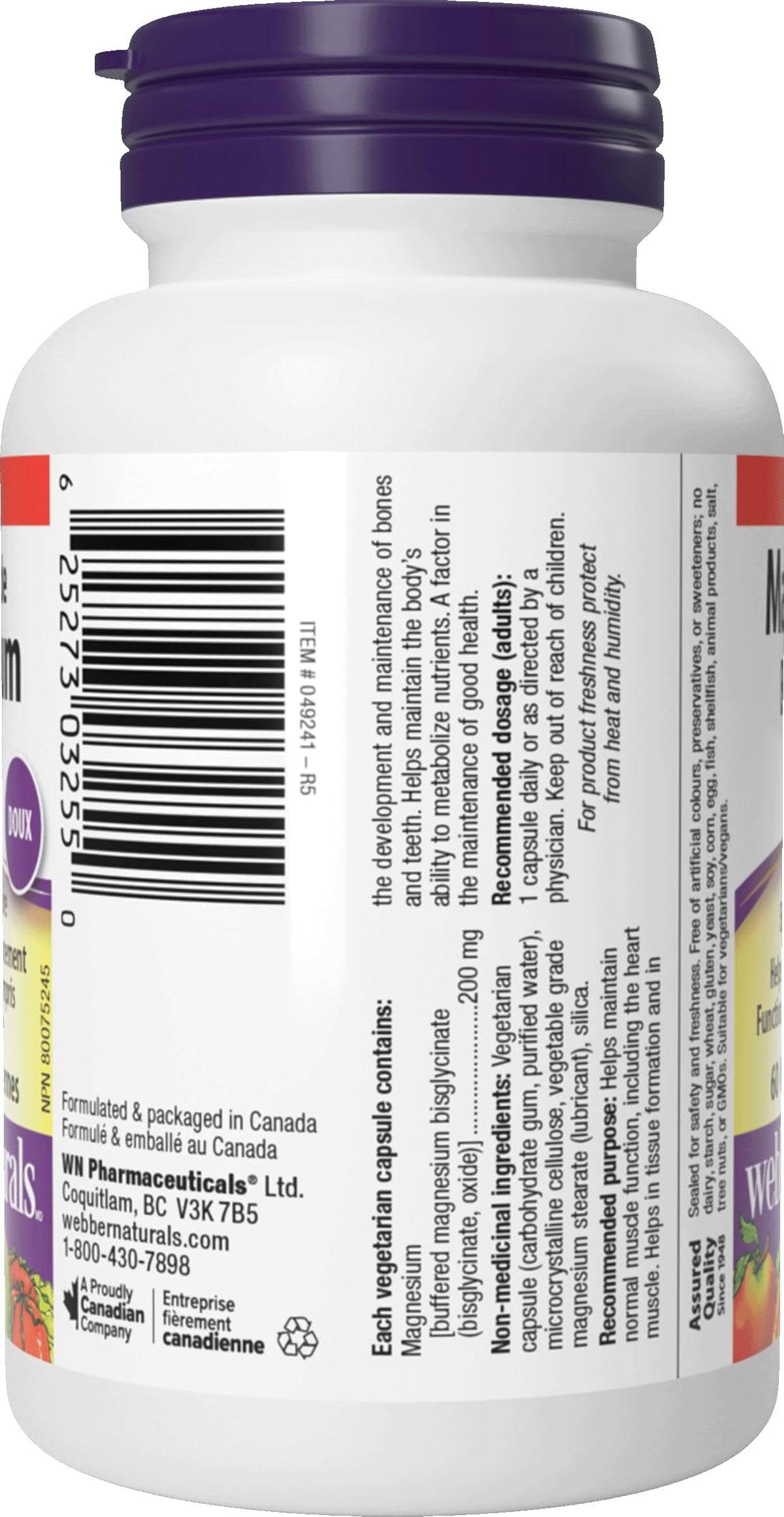 Webber Naturals Magnésium Bisglycinate 200 mg Capsules, flacon sur fond neutre