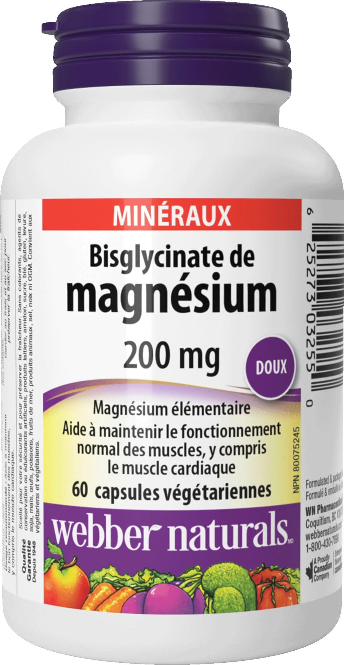 Webber Naturals Magnésium Bisglycinate 200 mg Capsules, vue de dos