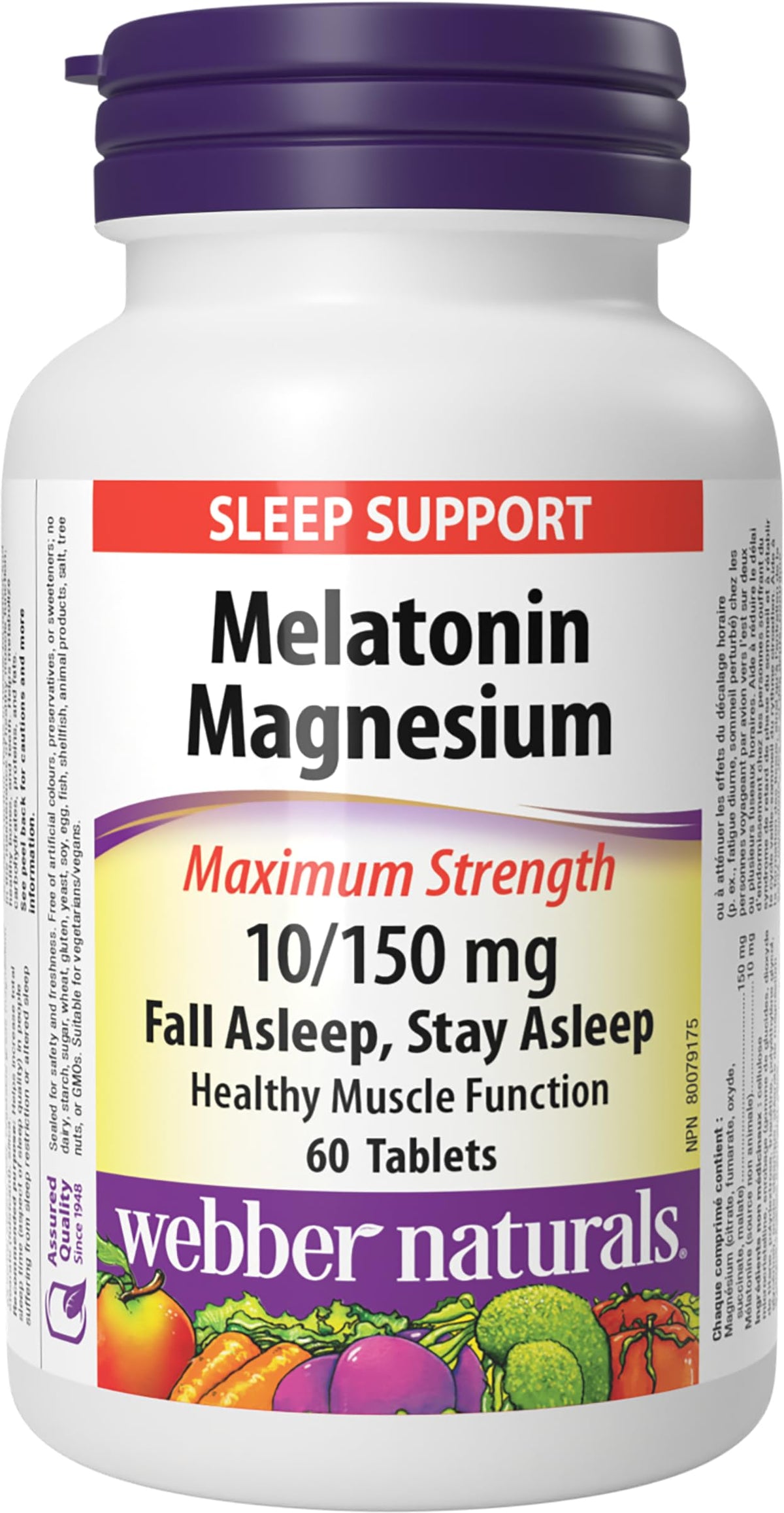 Webber Naturals Mélatonine 10 mg et Magnésium 150 mg 60 comprimés vue de face
