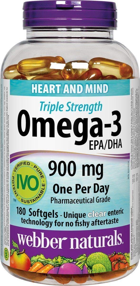 Webber Naturals Omega-3 900 mg 200 gélules molles, vue avant du flacon