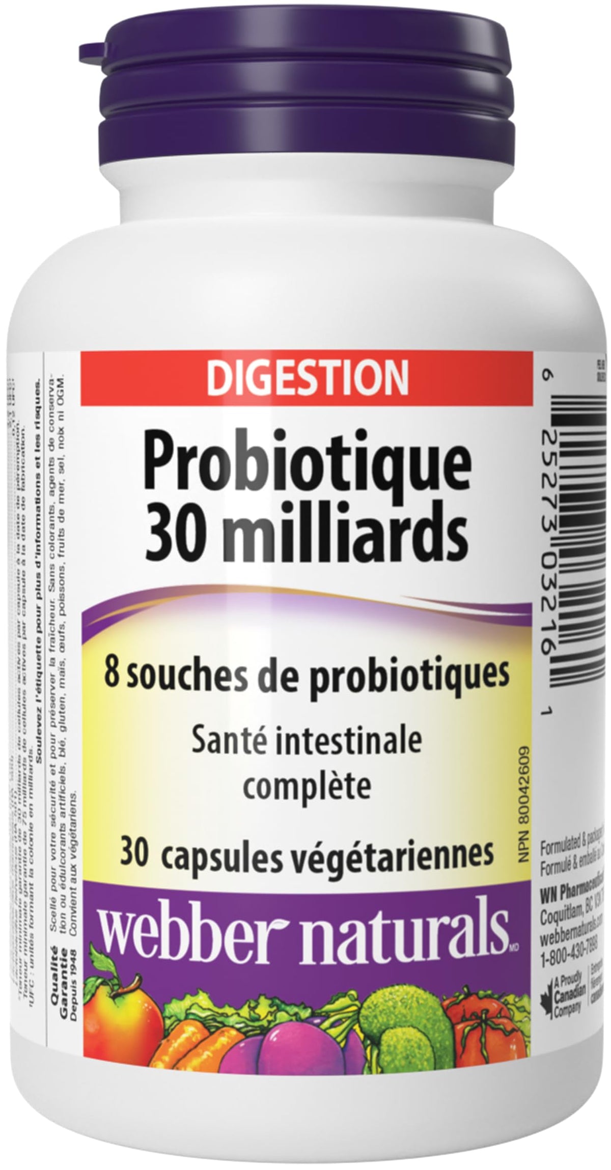 Webber Naturals Probiotiques 30 Milliards, emballage et capsules