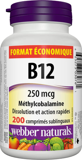 Webber Naturals Vitamine B12 250 mcg Methylcobalamine comprimés sous différents angles