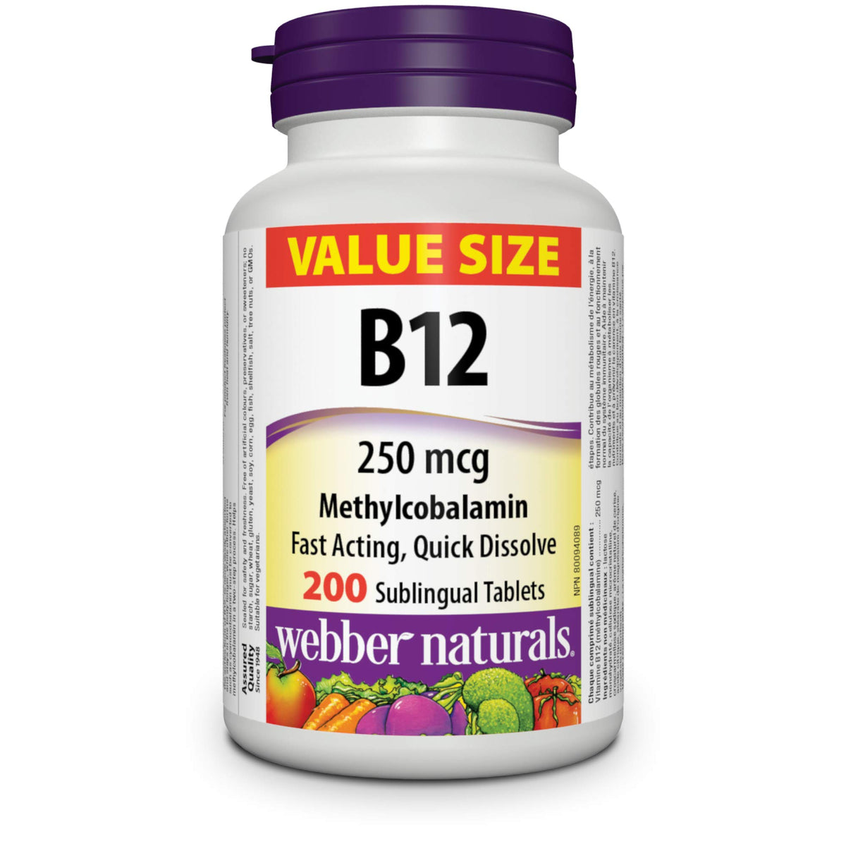 Webber Naturals Vitamine B12 250 mcg Methylcobalamine comprimés sublinguaux en boîte