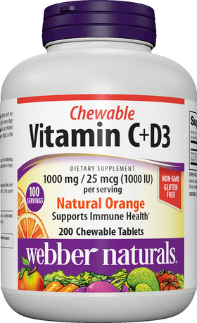 Webber Naturals Vitamine C 1000mg + D3 Orange 200 comprimés, vue de face