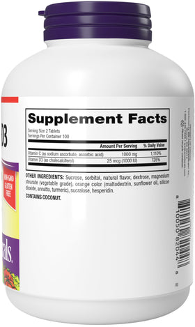Webber Naturals Vitamine C 1000mg + D3 Orange, comprimés sur un fond blanc