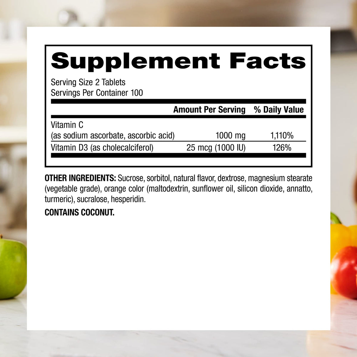 Webber Naturals Vitamine C 1000mg + D3 Orange, comprimés sur une table