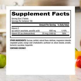 Webber Naturals Vitamine C 1000mg + D3 Orange, comprimés sur une table