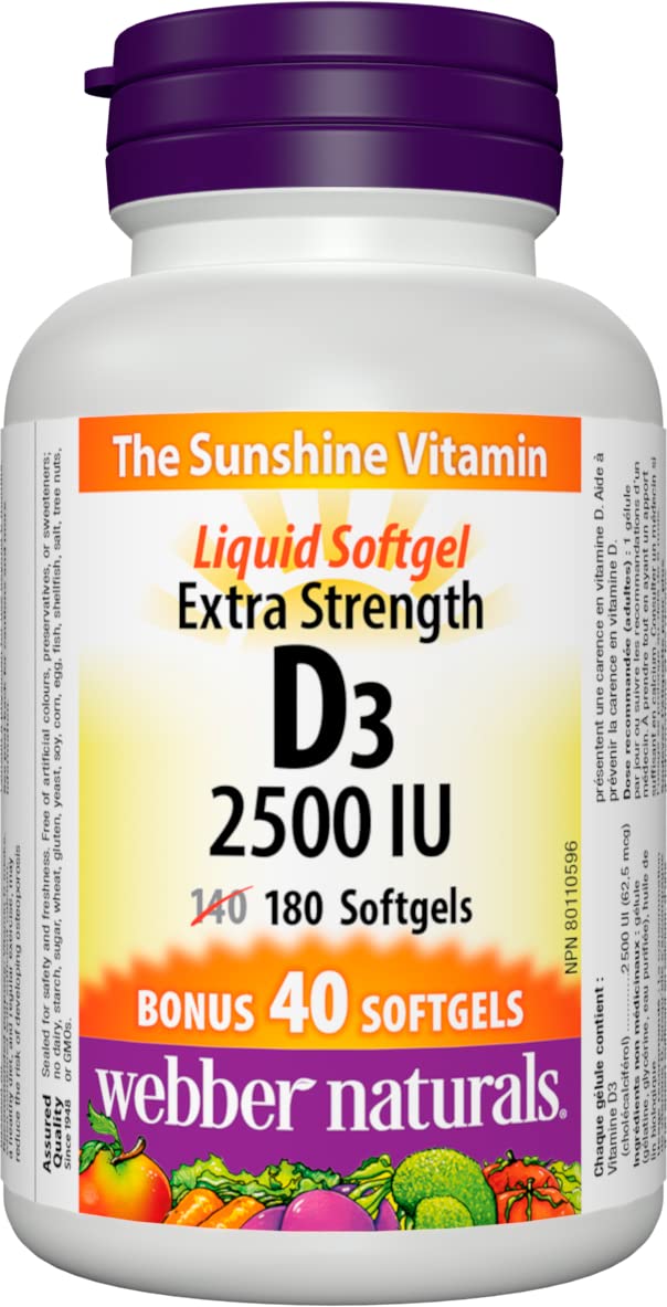 Webber Naturals Vitamine D3 2500 IU Extra Forte gélules face
