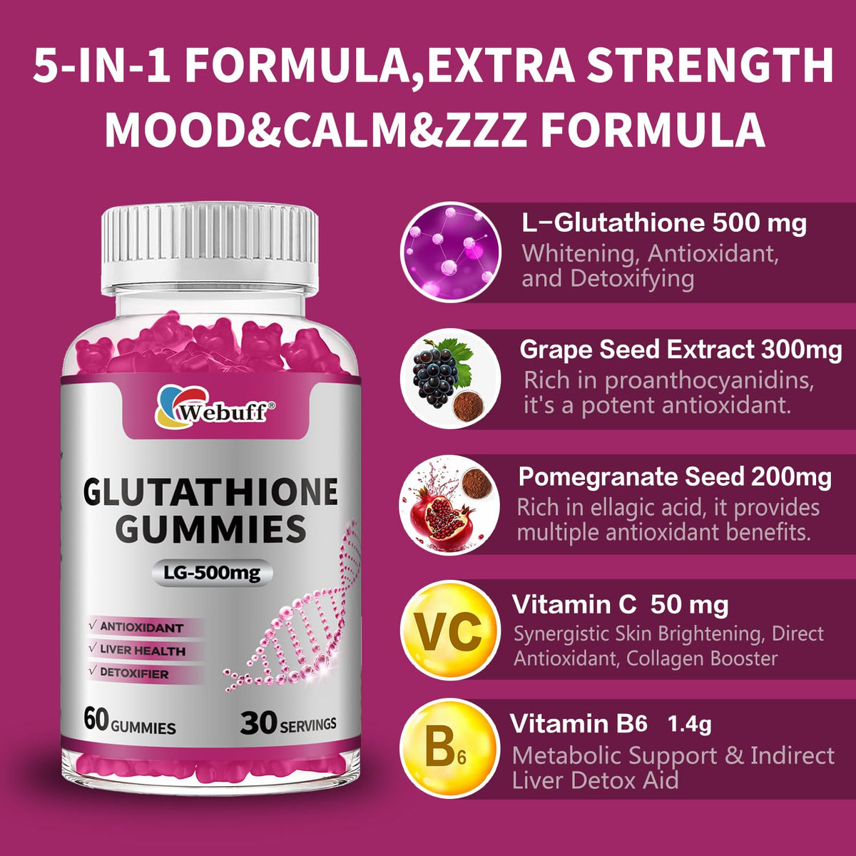Webuff Gummies de Glutathione avec Collagène 500mg avec une main tenant un gummy