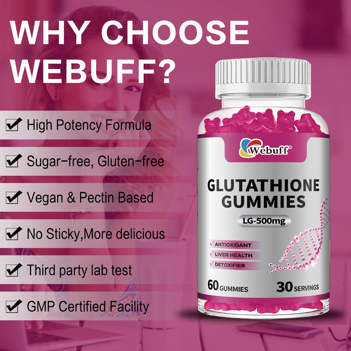 Webuff Gummies de Glutathione avec Collagène 500mg montrant le goût fraise