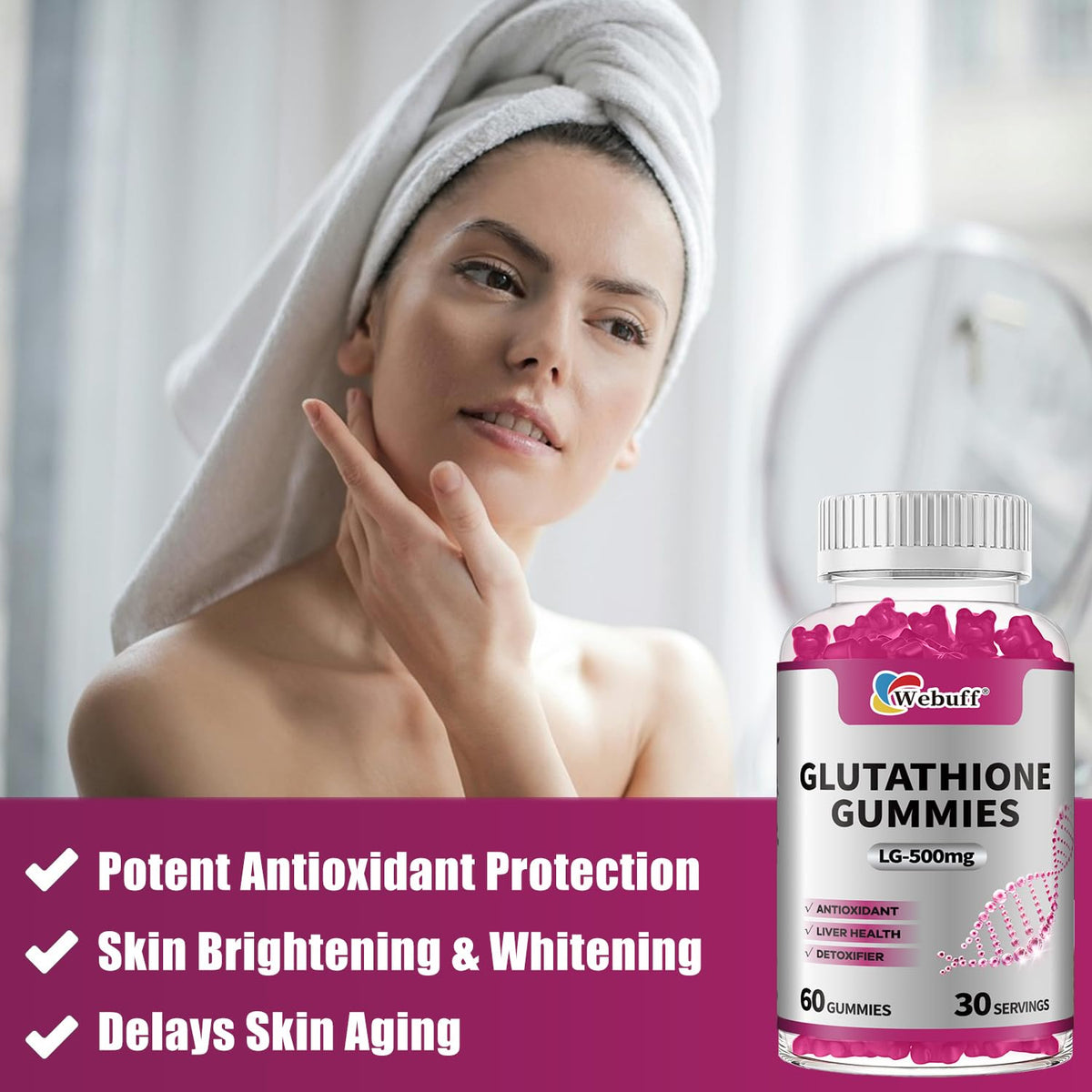 Webuff Gummies de Glutathione avec Collagène 500mg sur une table